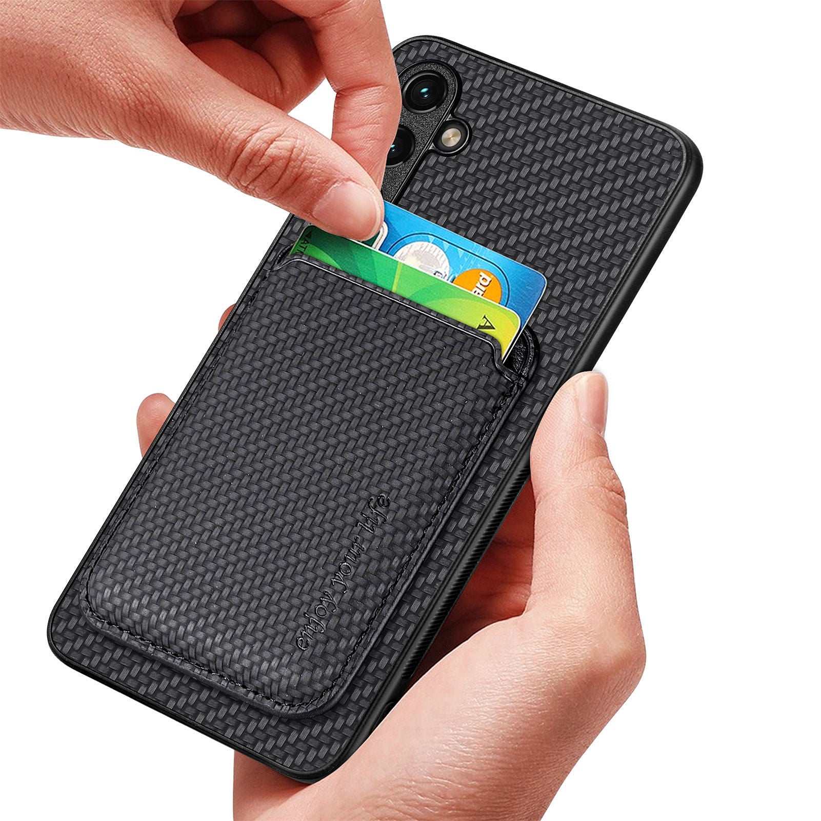 M2 For Samsung Galaxy A55 5G Carbon Fiber Texture Case Detachable Card Holder Phone Cover M2 For Samsung Galaxy A55 5G Carbon Fiber Texture Case Detachable Card Holder Phone Cover